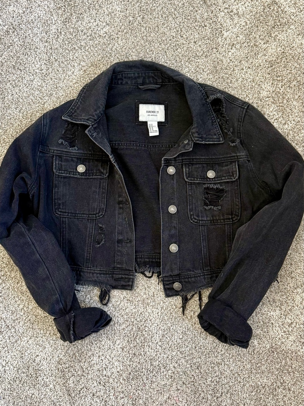 Forever 21 Black Distressed Cropped Jean Jacket